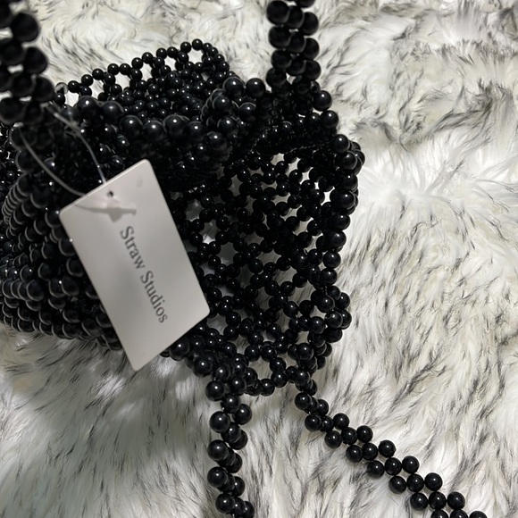 NWT Straw Studios Handmade Beaded Black Tote Top Handle Bag - Picture 6 of 7